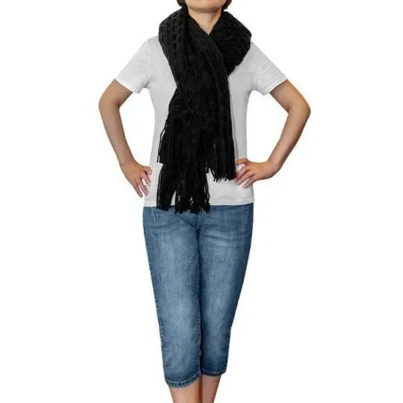 Black Honeycomb Knit Poncho with Tassels - Picture 2 of 4